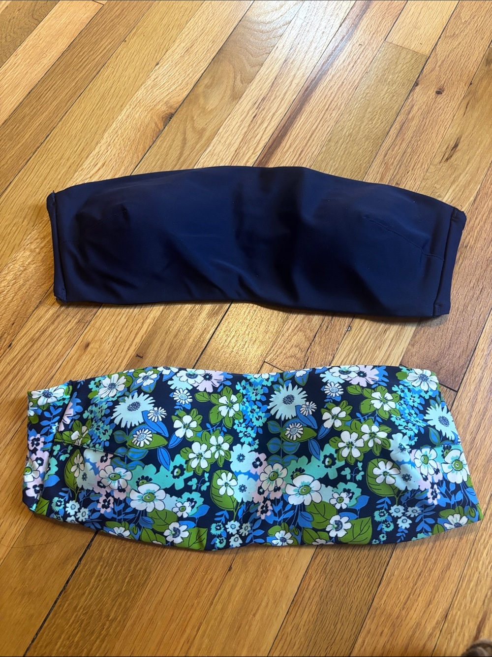 TWO aerie Bandeau Bikini Tops in Navy and Floral